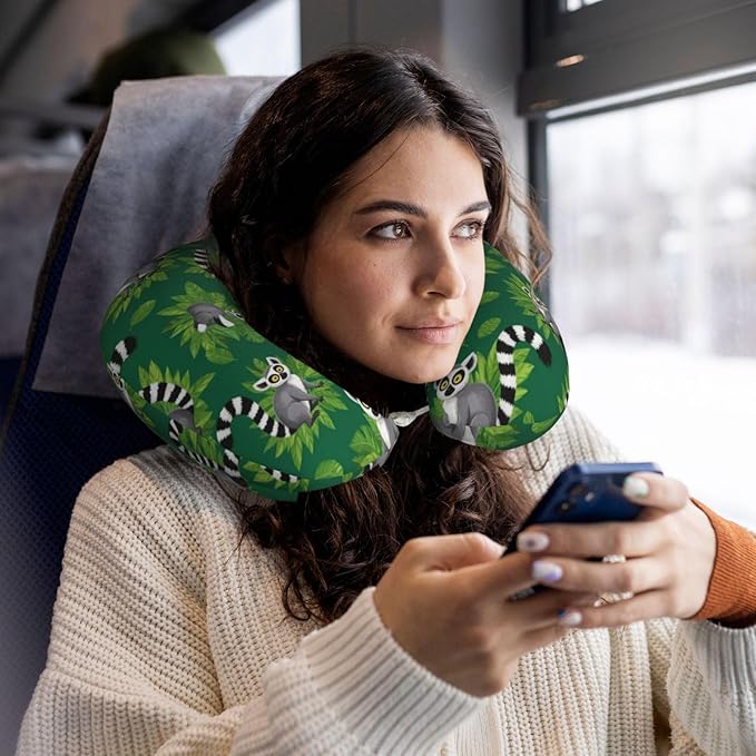 Neck Support Pillow, Comfortable Memory Foam Car/Flight/Airplane Chin Pillows U Shaped Cushion for Office Travel Sleeping Lemurs Monkey Tropical Green Leaves Floral
