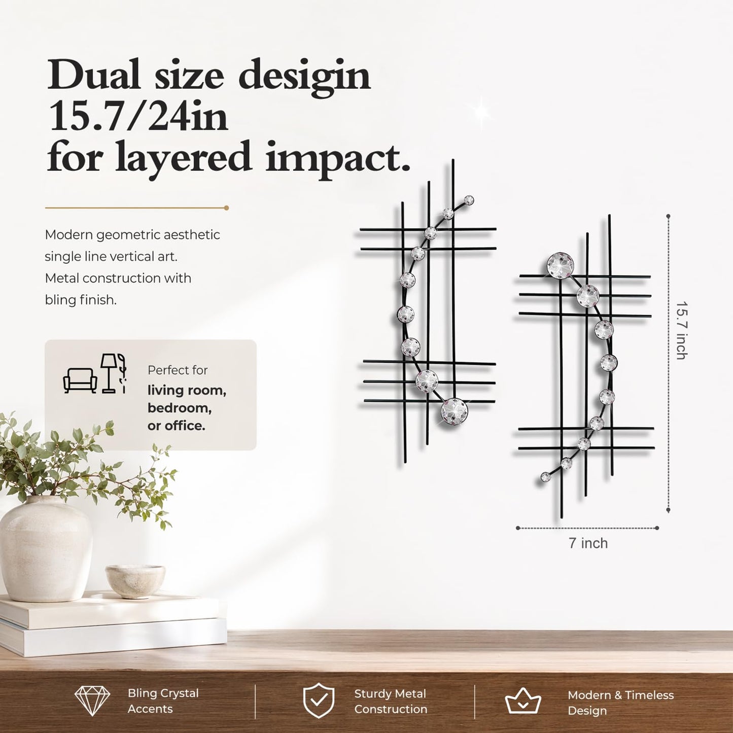 ZEXUIRU 2 Pcs Abstract Metal Art for Wall Decor Living Room Bedroom Bathroom Office Metal Bling Modern Geometric Hanging Vertical Small Iron Sculpture Plaque Pack -Black 15.7in