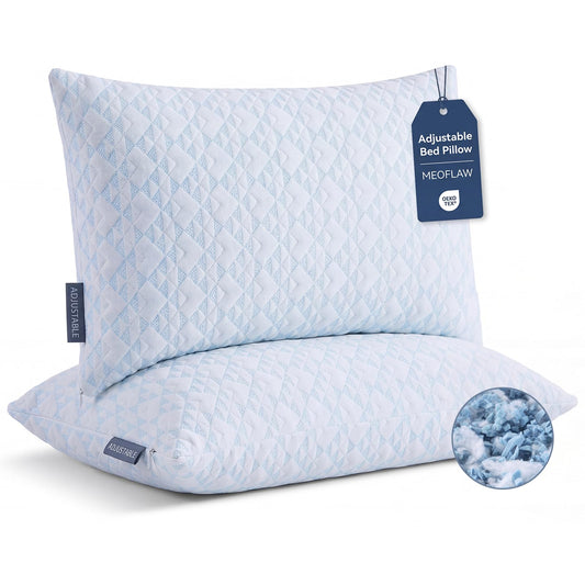 Meoflaw Adjustable Memory Foam Bed Pillows:Queen Size Shredded Foam Pillow Set of 2 for Sleeping with Removable & Washable Pillowcase for Back,Side & Stoamch Sleeper-Medium Firm
