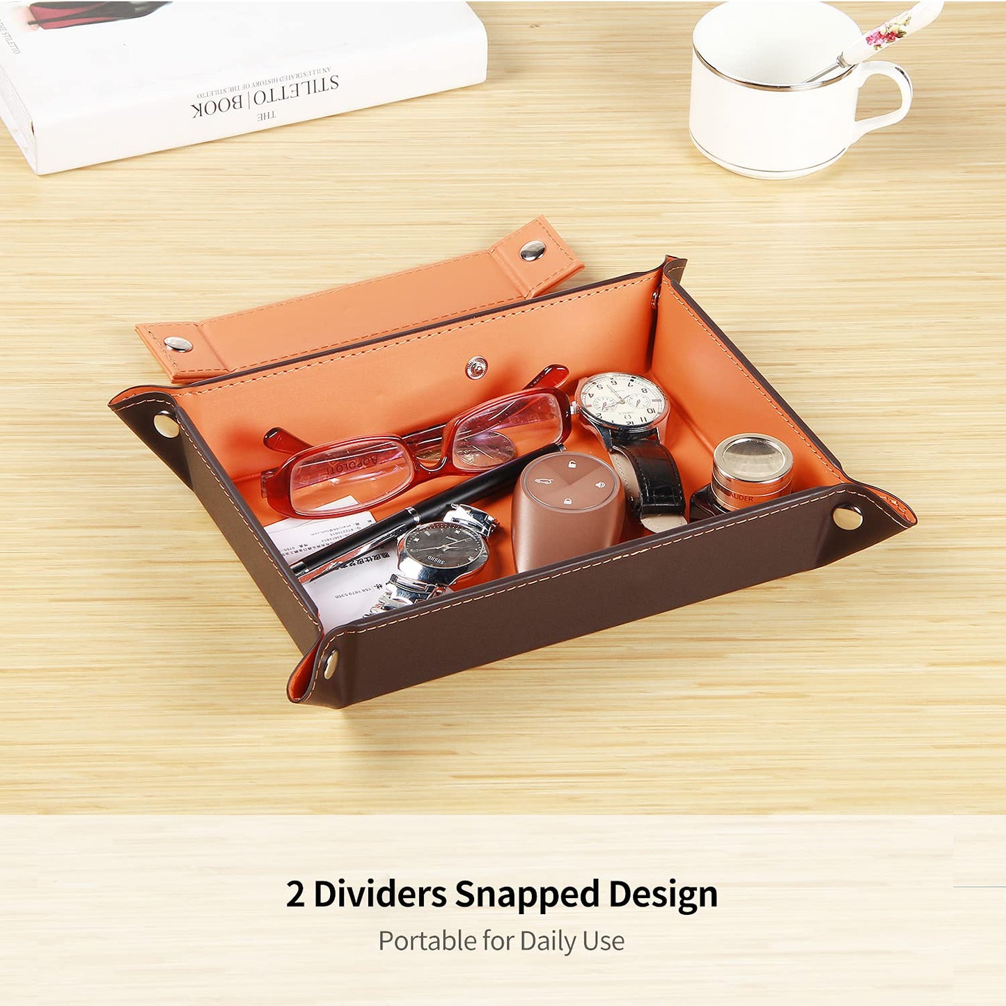 Valet Tray for Men Leather Big Entryway Key Dish Bedside Catchall Bowl 2 Dividers Travel Nightstand Organizer Caddy for Wallet Coins Dice Watch Candy, Sundries Holder for Beside Table (Orange)