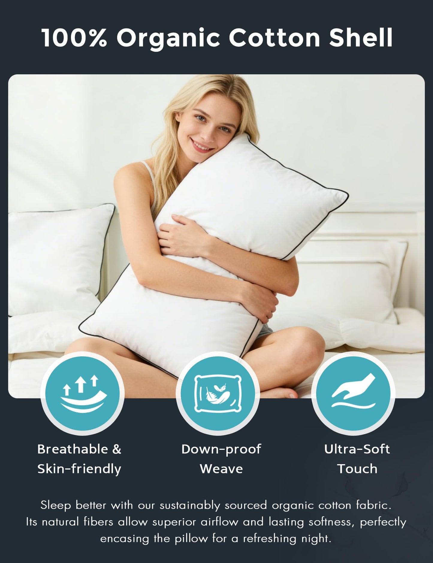 Ltinhome Goose Down Pillows Standard Size Set of 2 with 100% Organic Cotton Cover, Luxury Hotel Bed Pillows for Sleeping, 3-Chamber Design Medium Support for Side & Back Sleepers, 20x26 Inch