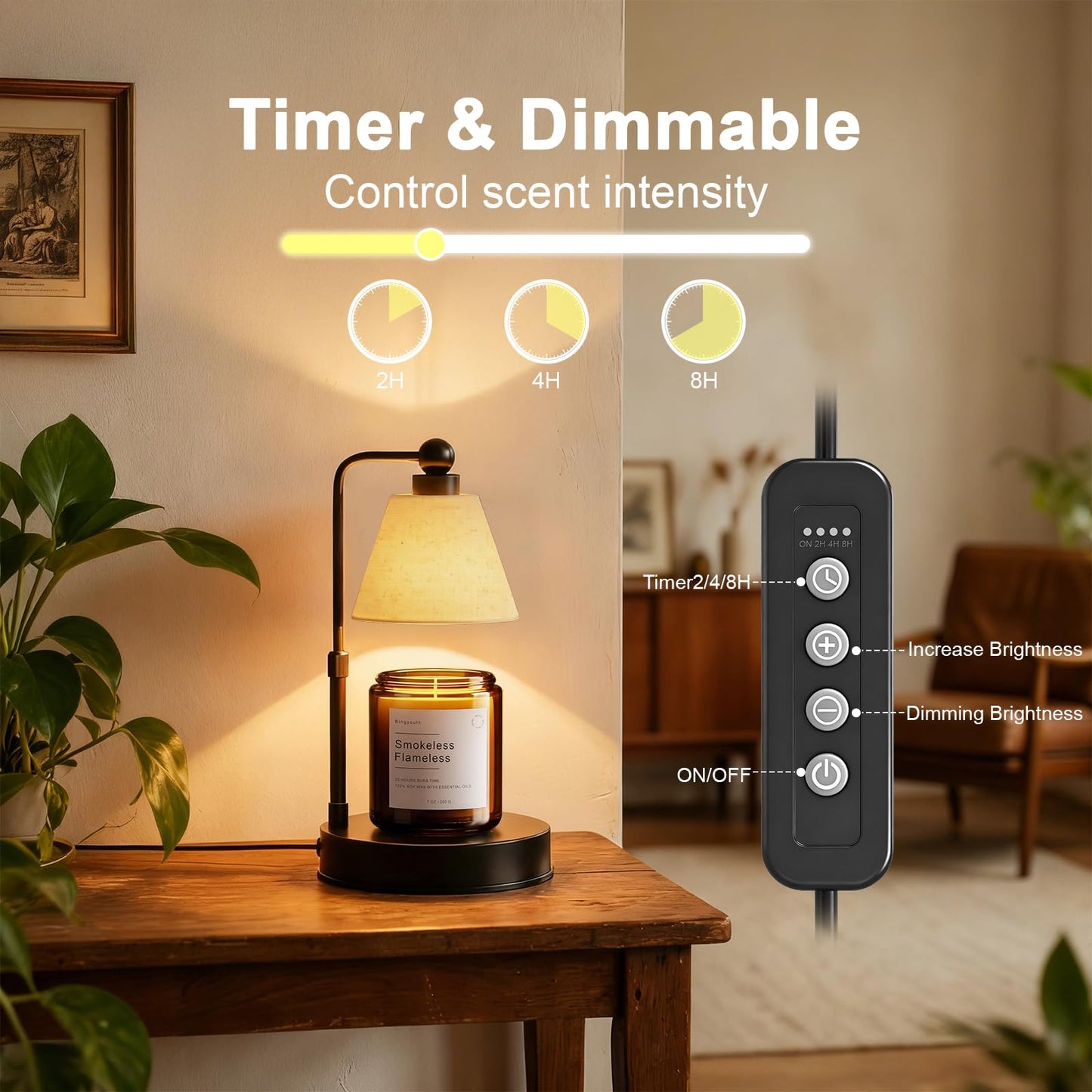 Bingyouth Candle Warmer Lamp with Timer, Dimmable, Adjustable Height, Modern Farmhouse Linen Shade, Black Candle Warming Lamp for Up to 6-Inch Jar Candles, 2 Bulbs Included