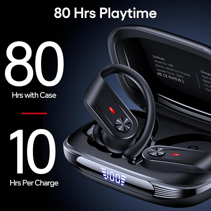 Hybrid Active Noise Cancelling Wireless Earbuds 80 Hrs Playtime Hi-Res Stereo Sound Bluetooth Headphones with Transparency Mode Ear Buds with Earhooks ANC Sports Earphones for Workout Running Travel