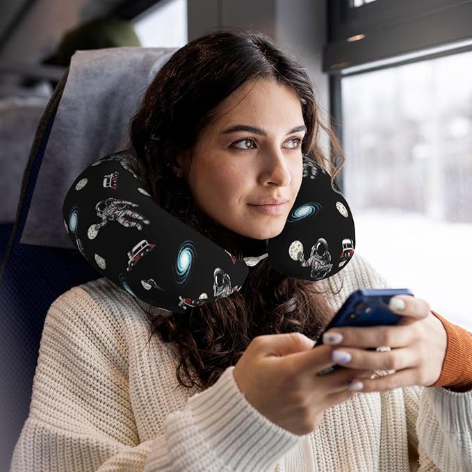 Support Neck Pillow for Youth Travel, Washable Airplane Chin Supporting and Relax U Shaped Pillows Outer Space Astronaut Slam Dunk Moon Basketball Black
