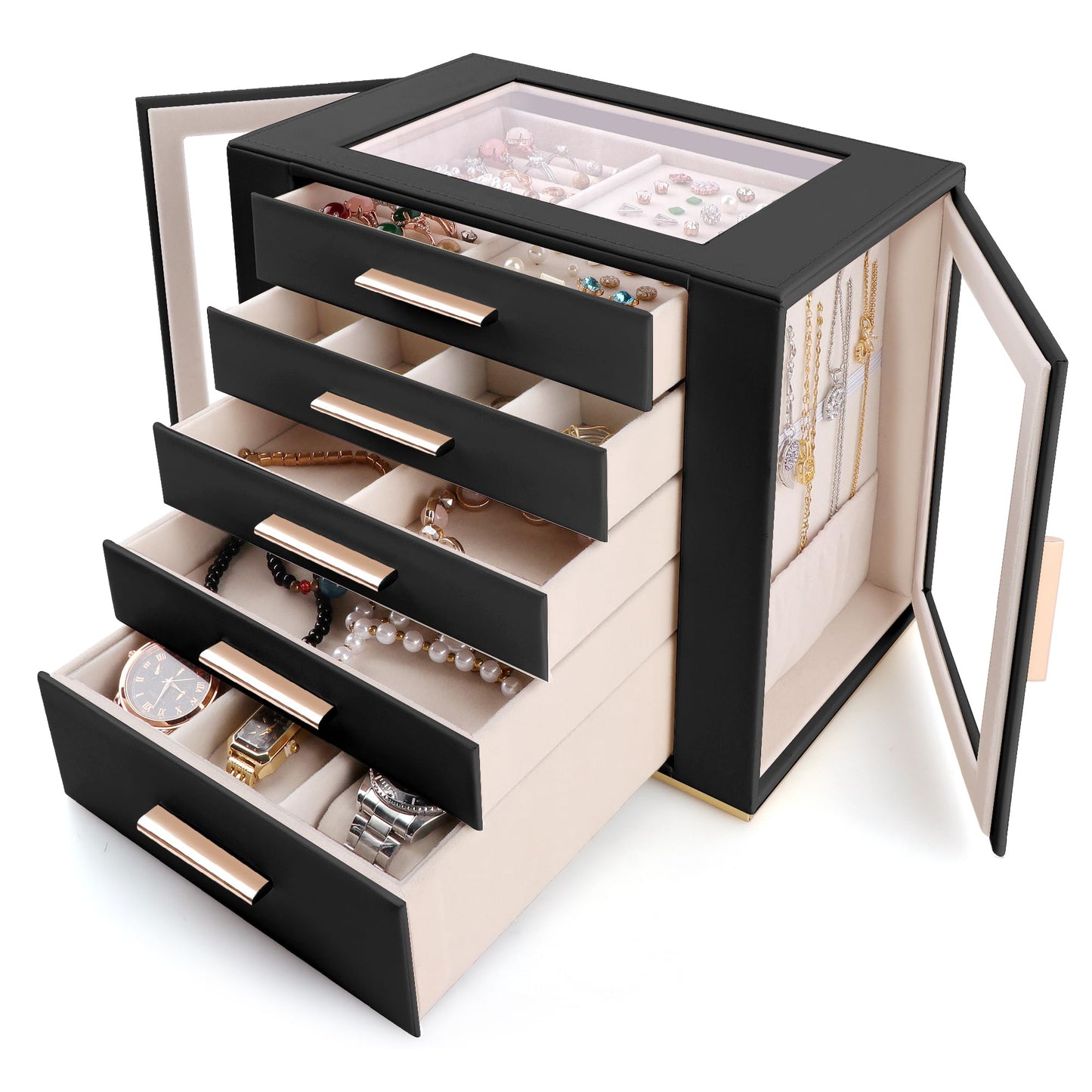 Homeanda Jewelry Box for Women with Glass Lid, 5 Drawers Jewelry Organizer and Storage for Necklaces, Rings, Earrings, Bracelets, Gift for Girls and Teens,PU Leather (Black)
