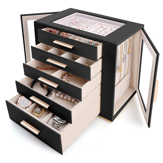 Homeanda Jewelry Box for Women with Glass Lid, 5 Drawers Jewelry Organizer and Storage for Necklaces, Rings, Earrings, Bracelets, Gift for Girls and Teens,PU Leather (Black)