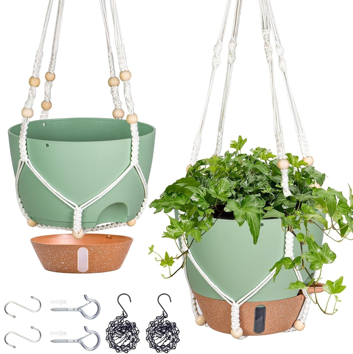 Fielda 10 Inch Hanging Planters for Indoor Plants, 2 Pack Self Watering Hanging Baskets Flower Pots with Drainage Hole, Visual Reservoir & 2 Kinds of Plant Hanger for Home Decor(Green)
