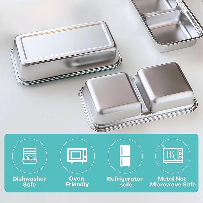 BSTUR 2Pcs 304 Stainless Steel Snack Containers, 30 oz 2 Compartments Portable Food Storage Bento Boxes with Leakproof Lids, Divided Meal Prep Lunch Box Food Container Dishwasher Safe