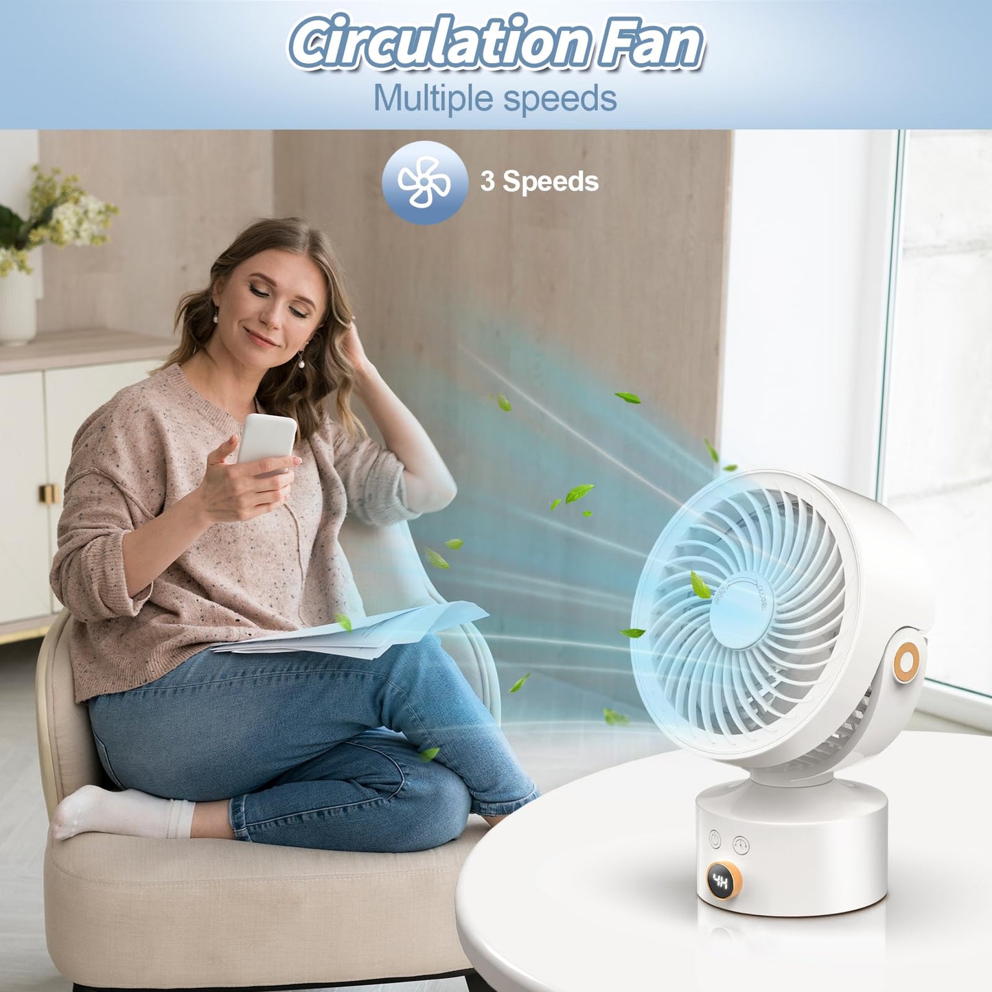 Yincook Desk Fan Small Oscillating for Bedroom, 9 Inch Quiet Desk Fan Air Circulator with 3 Speeds, 4H Timer, Rechargeable Desk Fan for Office/Dorm/Room-White