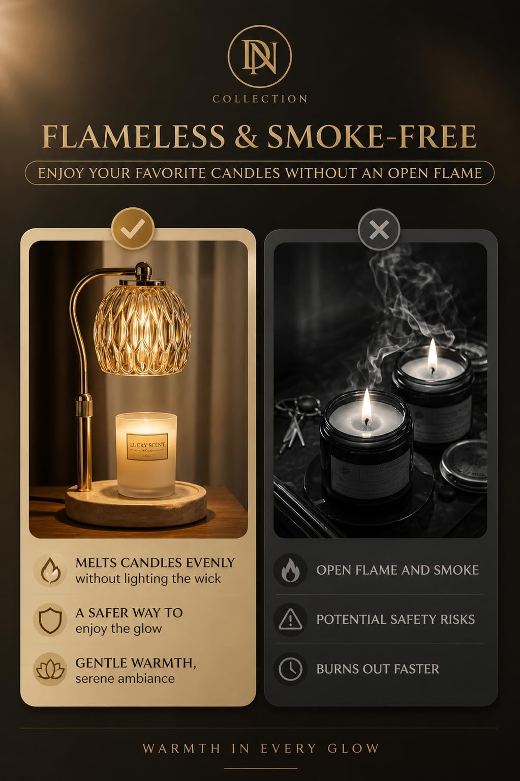 DN Collection Candle Warmer Lamp with Timer & Dimmer, Adjustable Height, Wax Melt Warmer for Jar Candles, Crystal Glass Shade, Wooden Base, Gold, Home Decor Gift
