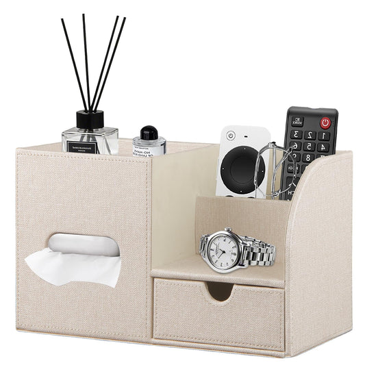 Fanousy Square Tissue Box Cover with Drawer Storage and Tray on Top, PU Leather Tissues Cube Boxes Holder, Modern Nightstand Organizer Caddy, Remote Control Holder for Bathroom, Bedside, Office, Home