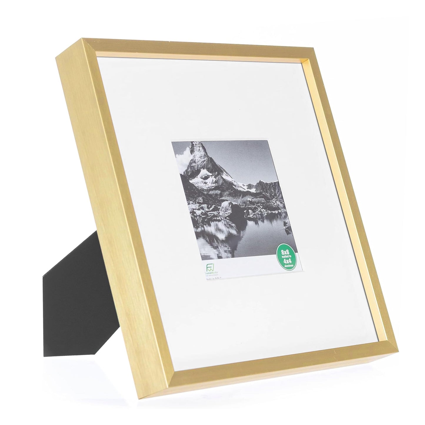 FrameWorks 8x8 Matted to 4x4 Picture Frame – Aluminum Frame w/Tempered Glass, Removable Mat for Photos, Posters, Art, Stylish Wall Frame for Home Decor, Gallery Walls, Office, Living Room - Gold