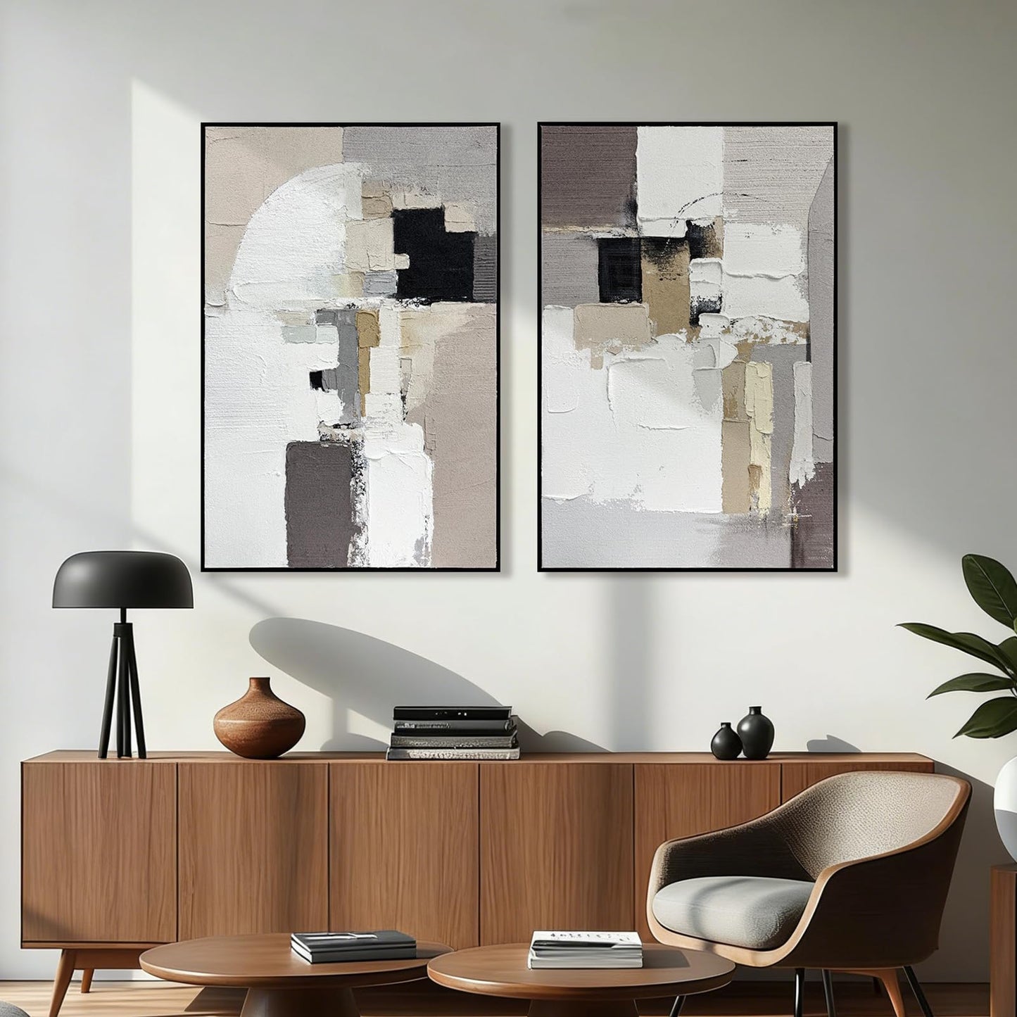 SAFERRYHOME Neutral Abstract Hand Painted Wall Art, 3D Textured Minimalist Framed Canvas Wall Decor, Large Modern Geometric Painting Artwork for Home Office Living Room, 24"x36"x2