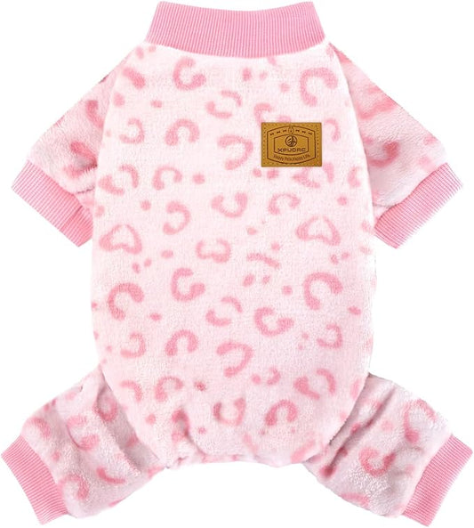 XPUDAC Dog Sweater Leopard Fleece Dog Pajamas for Small Medium Dogs Girl Soft Warm Pet Winter Clothes for Winter Christmas(Pink, Large)