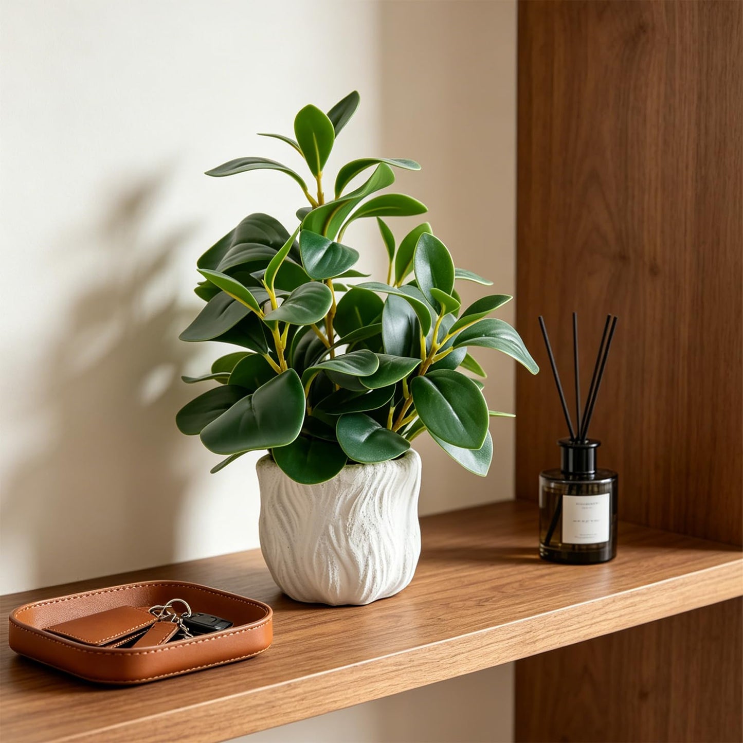 14" Artificial Potted Plant with Thick Leaves in White Textured Pot