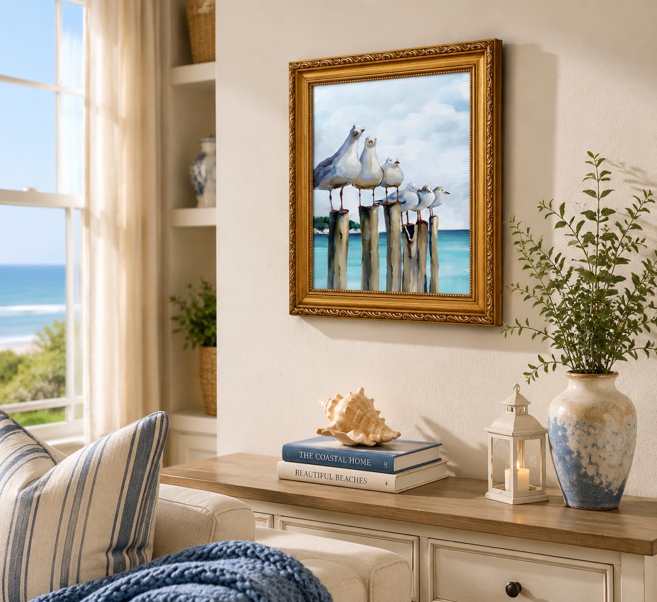 Gold Framed Seagull Canvas Wall Art Coastal Sea Birds Paintings Pictures Wall Decor Teal Ocean Beach posters prints Artwork for Living Room Bedroom Bathroom Home Decoration 9x11in