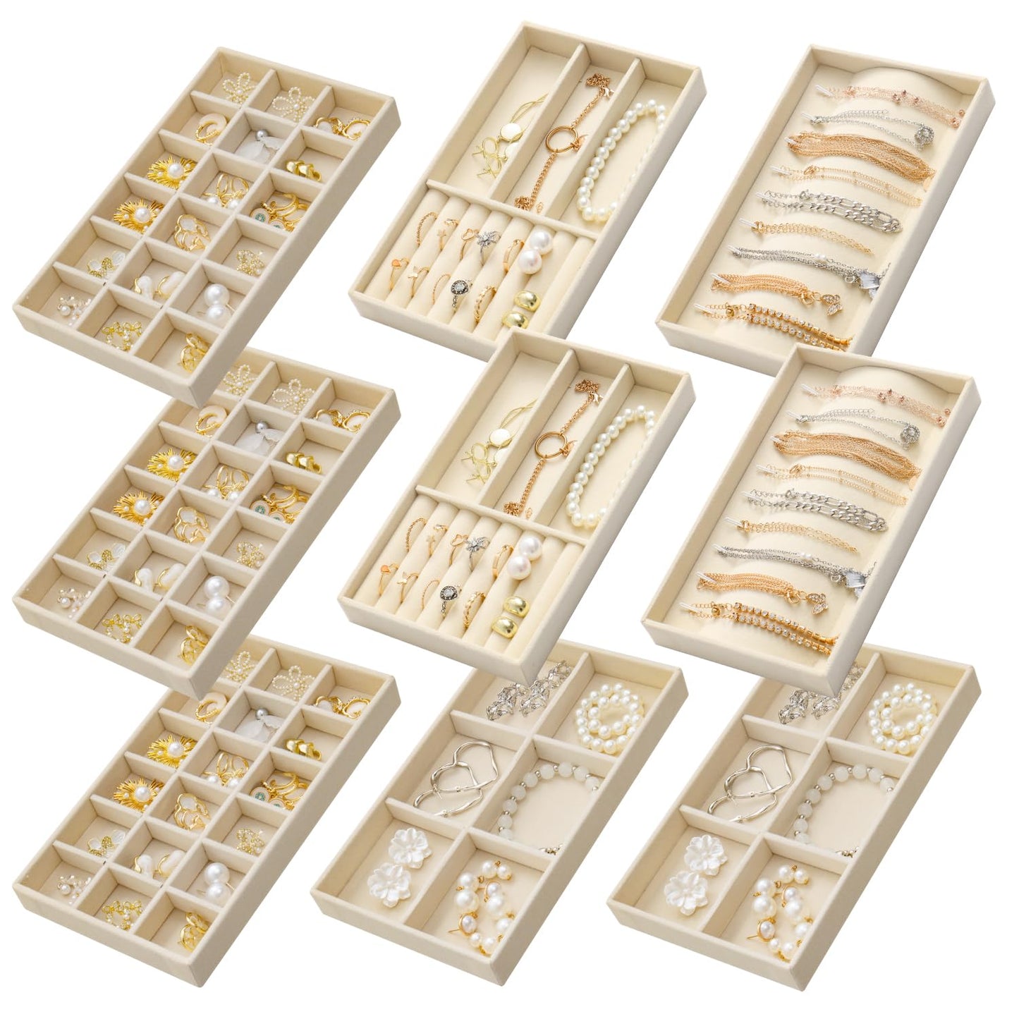 SPAKOWN Jewelry Trays Organizer for Drawer, 9 Set of Small Jewelry Display Case Storage Velvet Stackable Drawer Inserts Organizer for Necklaces Bracelets Earrings Rings (Beige)