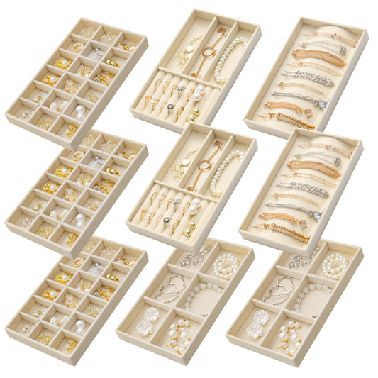 SPAKOWN Jewelry Trays Organizer for Drawer, 9 Set of Small Jewelry Display Case Storage Velvet Stackable Drawer Inserts Organizer for Necklaces Bracelets Earrings Rings (Beige)