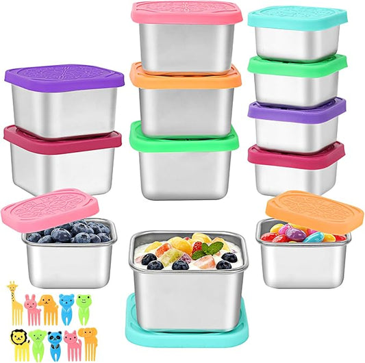 JUJOJB 12Pack Stainless Steel Snack Containers with Lids, Small 6oz & 2oz Leak Proof Metal Food Storage Containers, Bento Box Meal prep Containers, Easy Open Stackable Lunch Box for Adults LIttle One