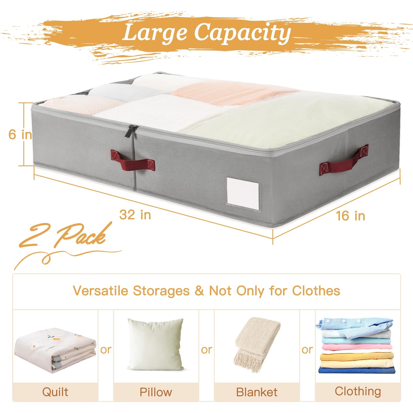 Criusia Under Bed Storage Bins with Clear PVC Lids – 2 Pack Large Underbed Organizers with Heavy-Duty Handles, Reinforced with 800G PP Panels & 80G Non-Woven Fabric – Waterproof & Foldable, Gery