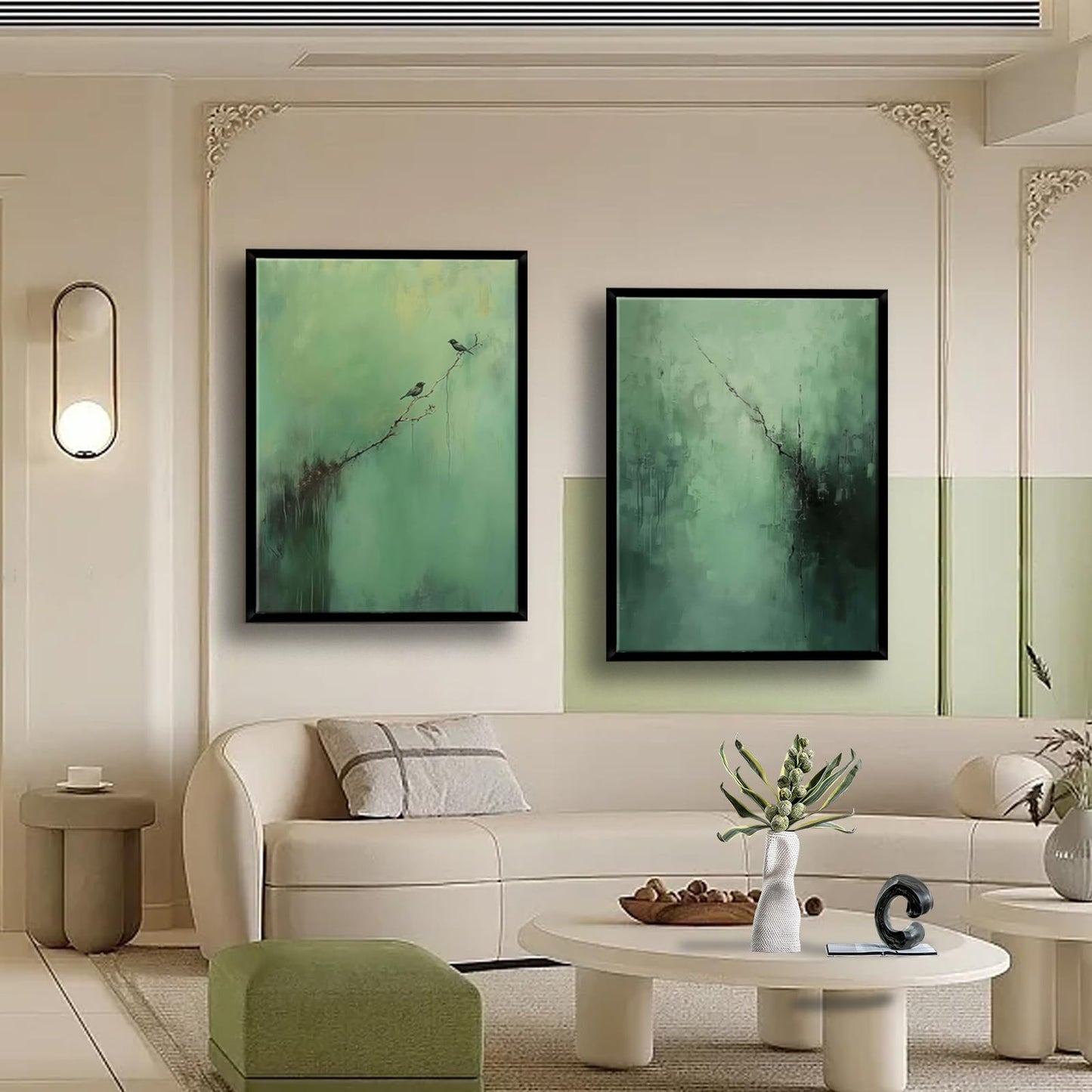 Abstract Dark Green Canvas Wall Art Modern Texture Painting with Wood Frame Wabi Sabi Zen Poster Minimalist Birds Picture Print Living Room Bedroom Office Ready To Hang 12x16 Inch