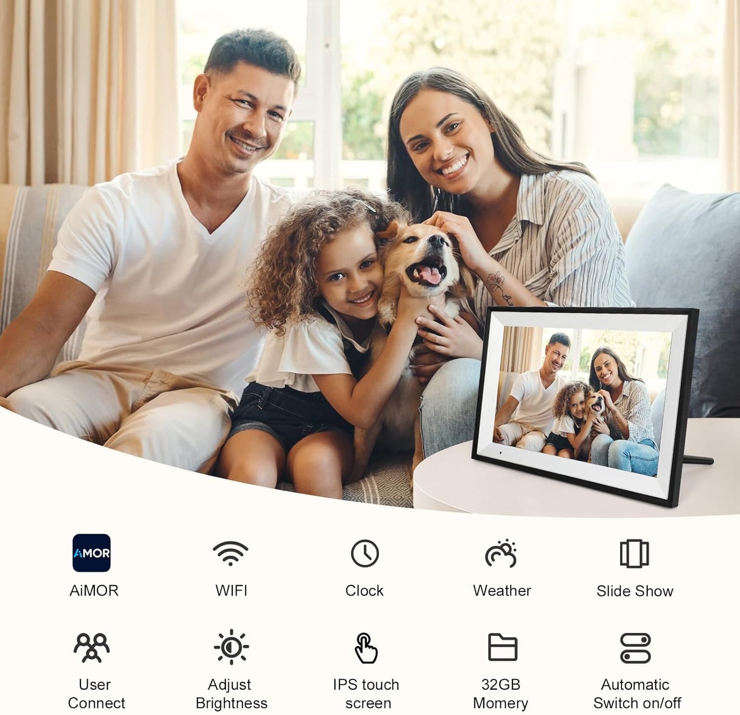 Digital Picture Frame 10.1 Inch Digital Photo Frame with 32GB Storage, 1280 * 800 IPS FHD Touchscreen, WiFi Smart Frame Share Photos and Videos Instantly from Anywhere via AiMOR App
