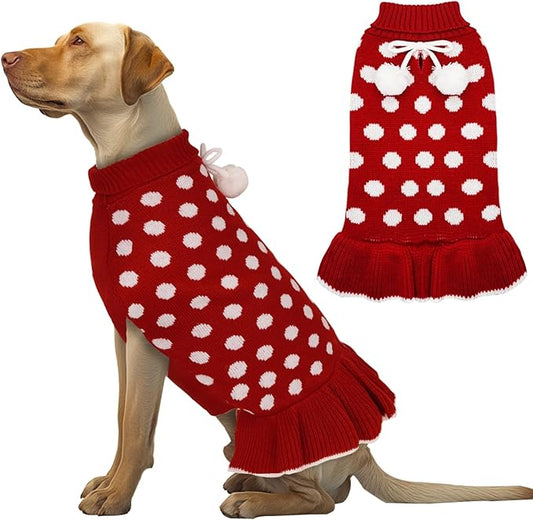 KYEESE Dog Sweater Dress with Leash Hole Turtleneck Dog Sweaters for Girl Medium Dogs Polka Dot Knit Pullover Warm Pet Sweater for Fall Winter