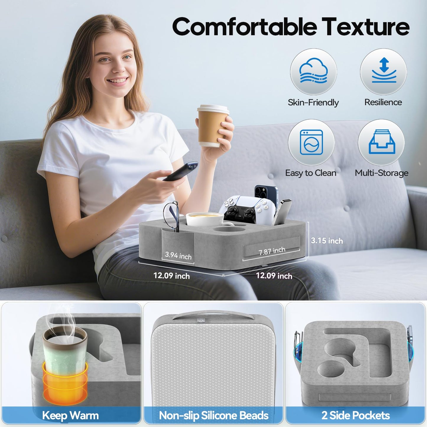 Heyife Couch Cup Holder Pillow, Sofa and Bed Caddy for iPad, Kindle, Switch, Game Controller, Remotes, Phones, Small-Sized Cup & Drink Holder for Couch, Bed, Desk, Car, Beach, Bathroom Cup Holder