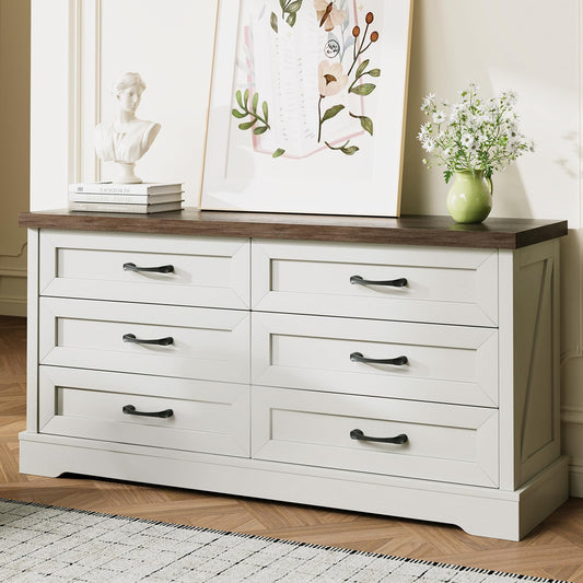 AODK Farmhouse 6 Drawer Dresser for Bedroom, White 59" Wide Engineered Wooden Chest of Drawers with Thick Board, Metal Handles, Modern Storage Cabinet for Living Room, Entryway, Walnut Top