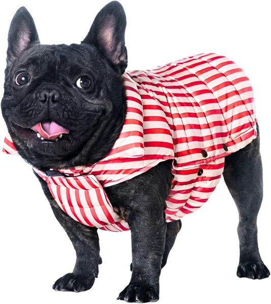 SPACE LION Dog Puffer Jacket, Down Winter Coat, Durable Outdoor Coat for Cold and Windy Conditions, Waterproof, Lightweight Jacket, Adjustable Fit for Small, Medium, Large Dogs(RedStripe, Size20/XL)