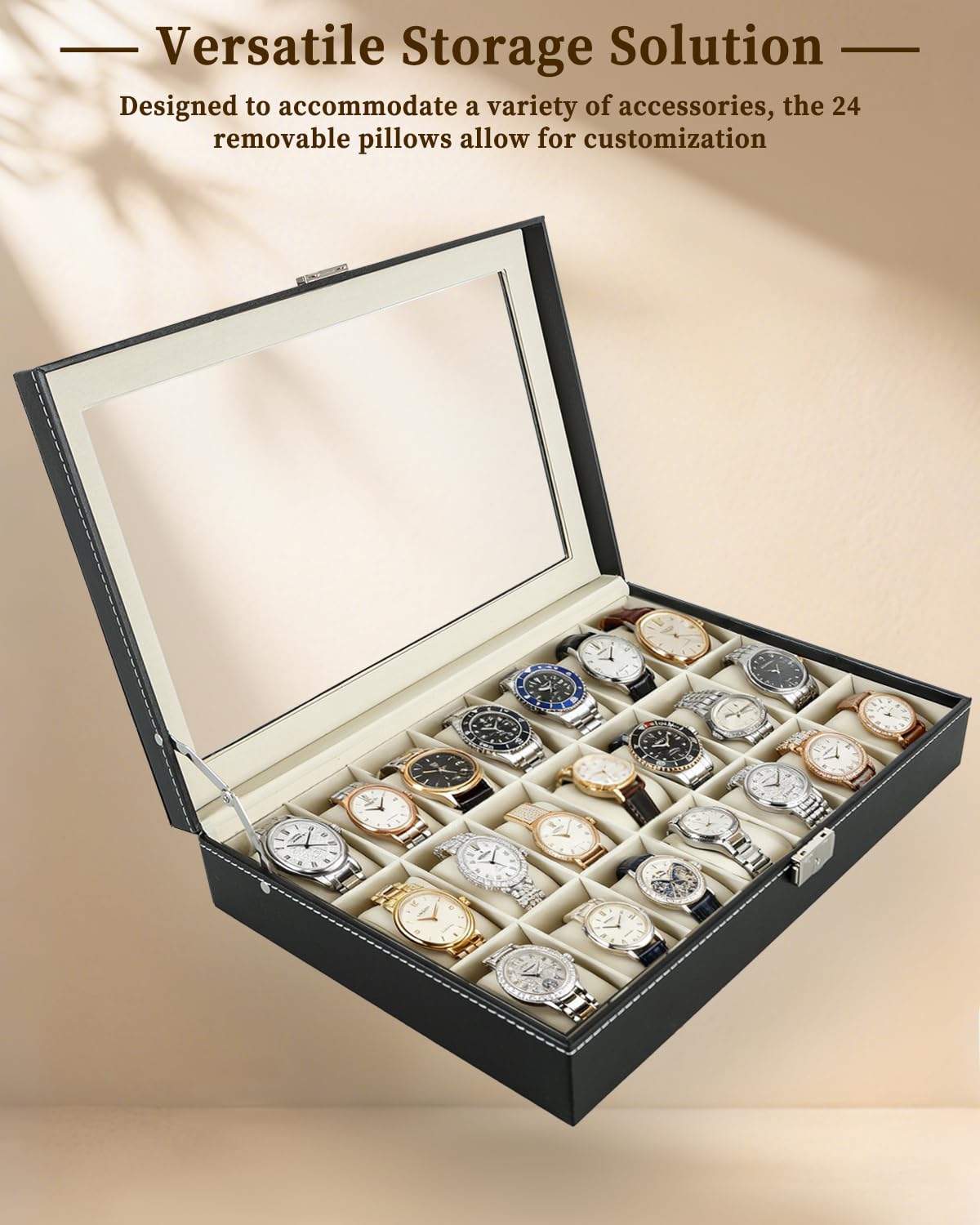 ATPEAM 24 Slot Watch Case Watch Box Organizer for Men Women Black Synthetic Leather Waterproof Dustproof Lockable Storage Case With Glass Lid (3.1'' Watch Pillow)