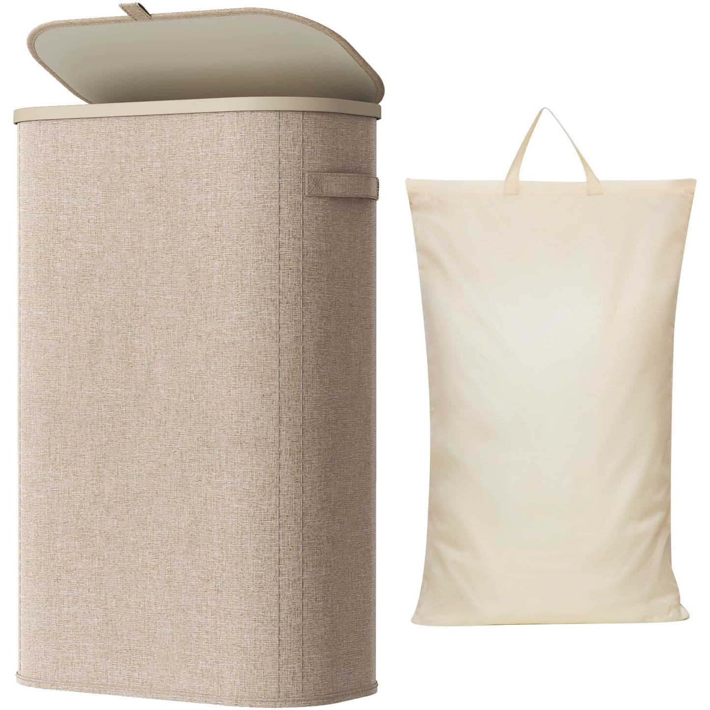 Lifewit Slim Laundry Basket with Lid, Narrow Laundry Hamper with Plastic Handles and Removable Bag, Tall Foldable Dirty Clothes Hampers for Laundry Room, Bedroom, Bathroom, Dorm, 65L Beige