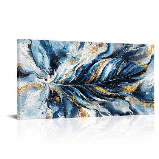 Biuteawal Feather Wall Art Elegant Flying Feathers Picture Print Blue and Gold Art Canvas Modern Luxury Decorative Paintings for Bedroom Living Room Framed