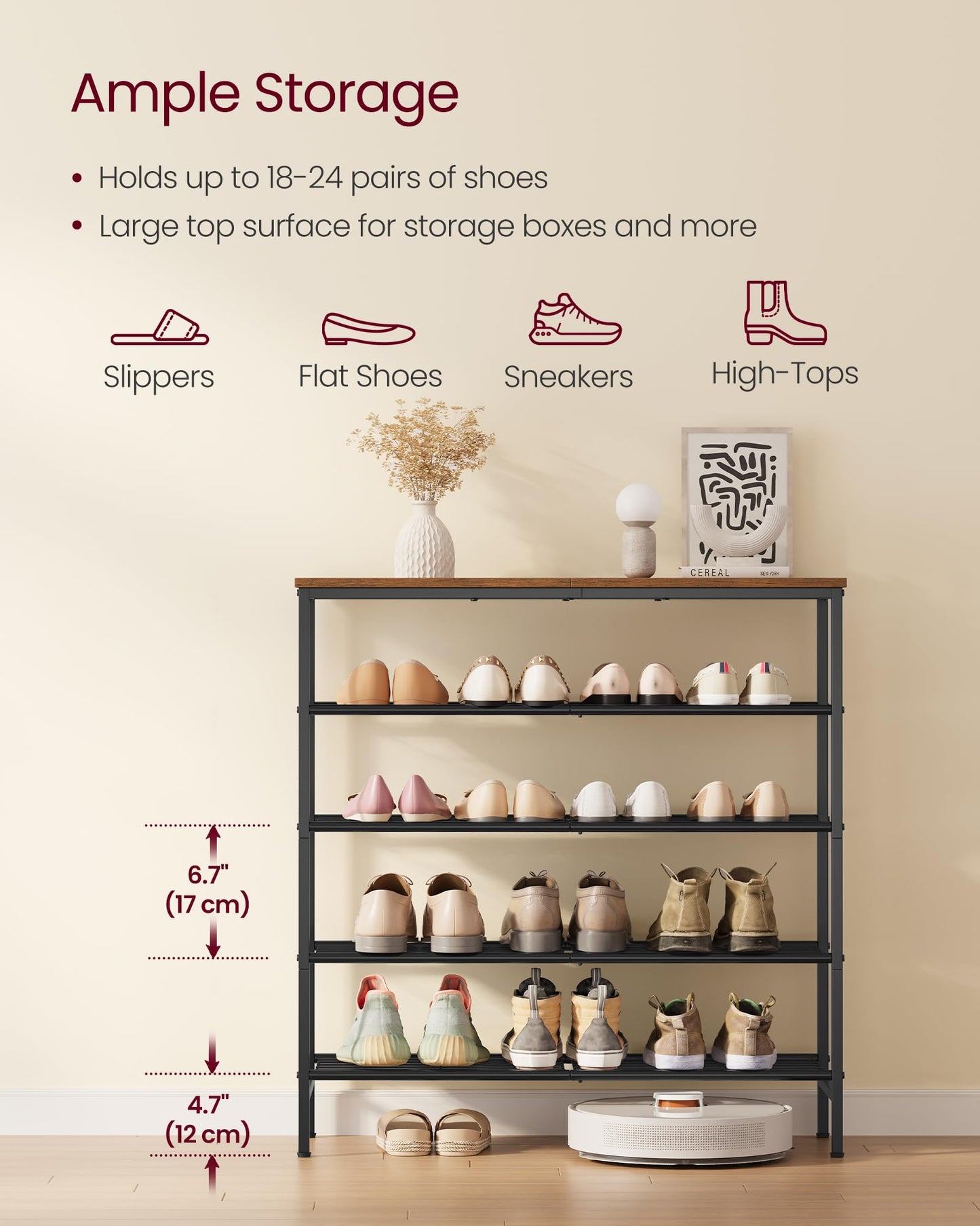 VASAGLE Shoe Rack, Shoe Storage Rack for Closet, Entryway, Living Room, Free Standing Metal Organizer Shelf, 5 Tiers, 11.8 x 29.5 x 34.3 Inches, for 18–24 Pairs, Rustic Brown and Ink Black ULBS050KD01
