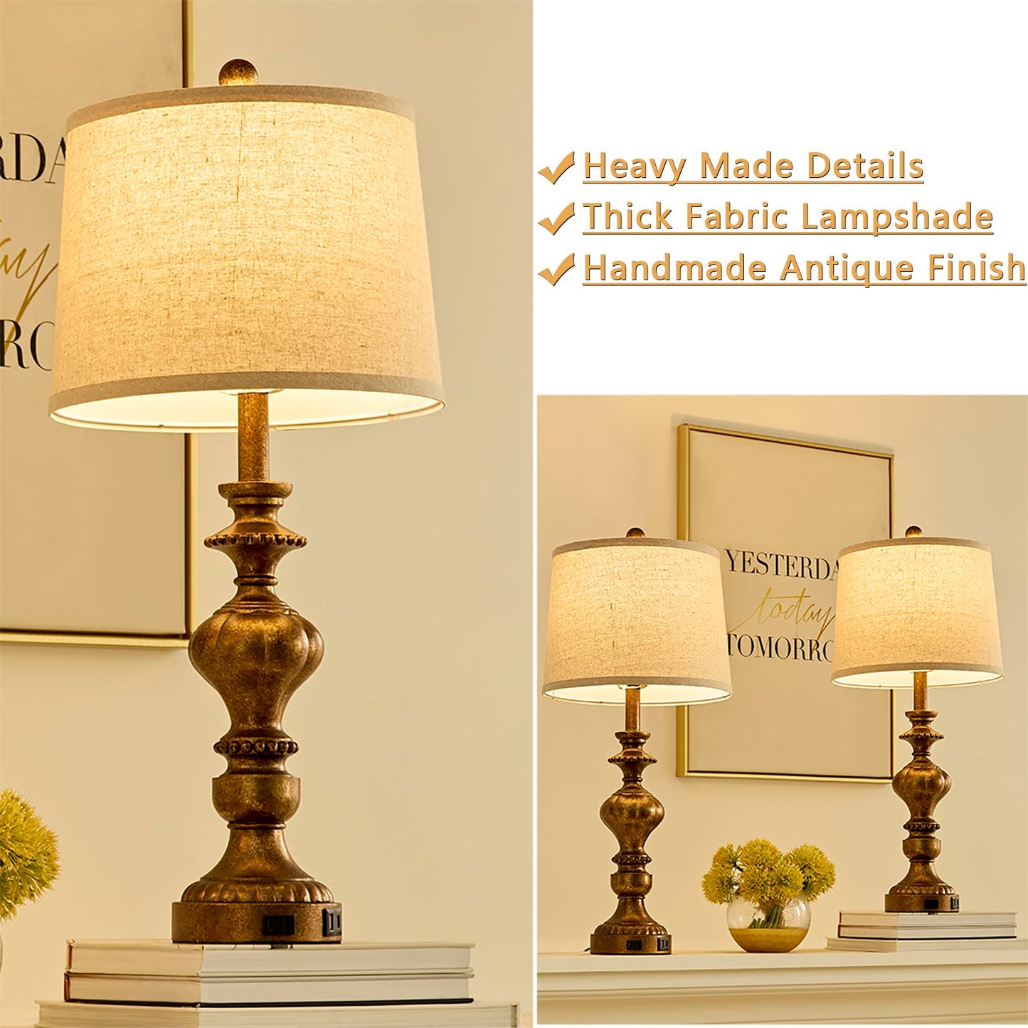 SAIWEYA 27.5" Farmhouse Table Lamps Set of 2 Bedside Nightstand Lamp with USB C+A Ports & AC Outlet, 3 Way Dimmable Touch Lamps for Bedroom Living Room Office Rustic Lamp