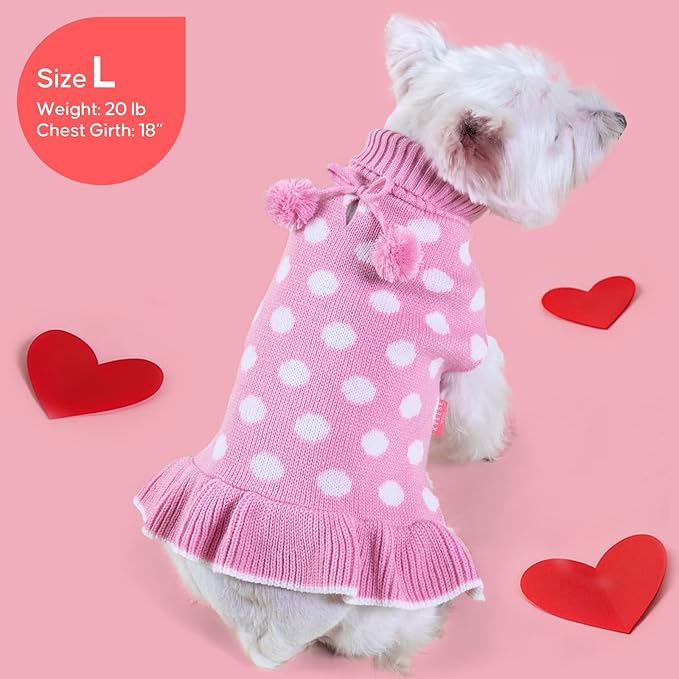 KYEESE Valentines Dog Sweater Dress, Warm Dog Sweaters for Small Dogs Girl Dogs Clothes, Pullover Cozy Knit Pet Apparel with Leash Hole, Pink Dot, L