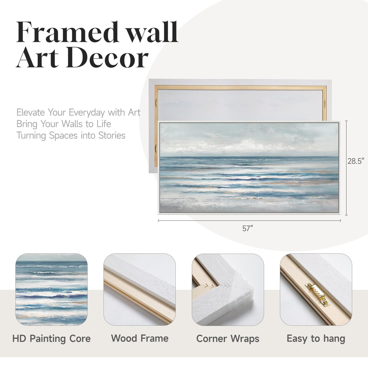 Large Framed Coastal Abstract Landscape Wall Art for Living Room, Horizontal Beach Wave Scenic Canvas Artwork for Walls, Ocean Seascape Picture Print for Dining Room Bedroom Office Wall Decor, 60x30 in