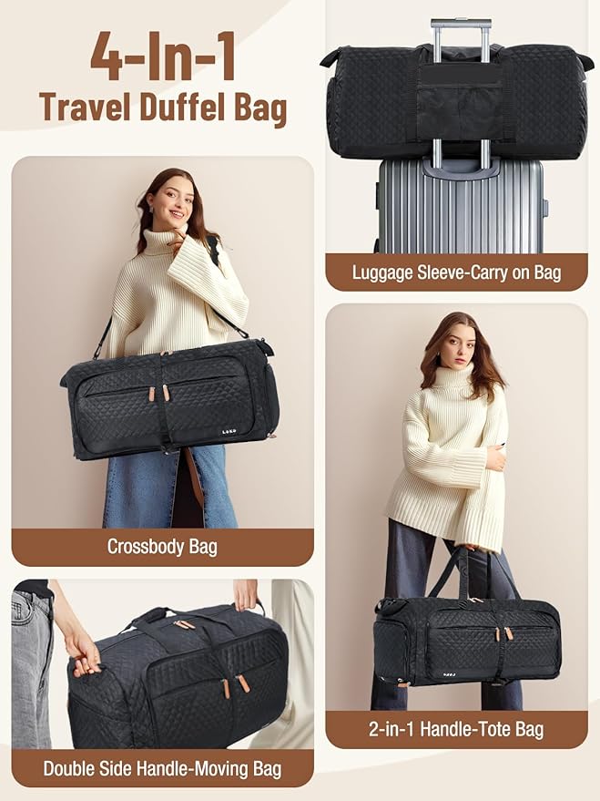 Lekesky Foldable Travel Duffel Bag for Women, 80L Large Duffle Bag with Separate Shoes Compartments & Straps, Carry On Weekend Bag for Women, Hospital, Overnight(Black Quilted)