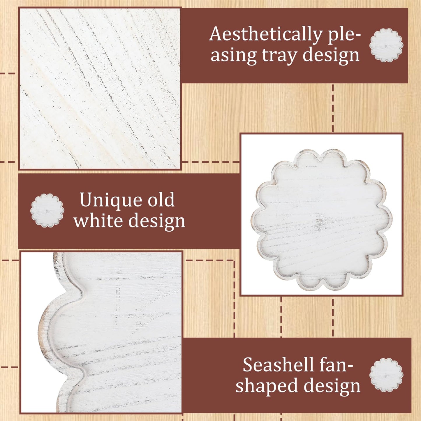 BreezeHug White Decorative Serving Tray Wood 12.6 Inch Scalloped Serving Tray Round Wooden Display Plate with Scalloped Borders for Coffee Table Living Room Bedroom Entryway Decoration