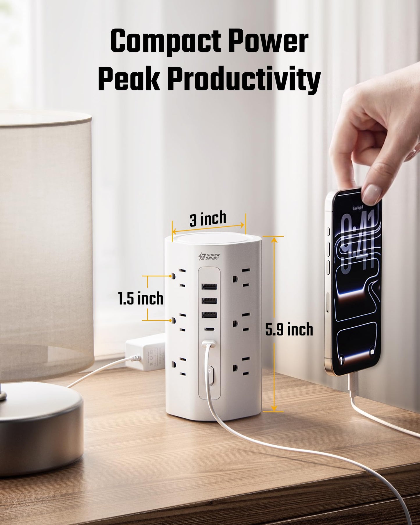10Ft Extension Cord Power Strip Tower with Multiple Outlets, Flat Plug Power Tower 1700J Surge Protector, 12 AC Outlets 5 USB Ports (2 USB C), Desk USB Charging Station, Home Office Dorm Room, White