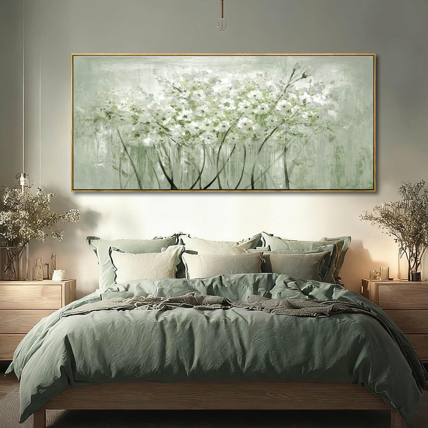 MLART99 Soft Green and White Floral Canvas Extra large Flower Wall Art Texture Botanical Print Plant Posters- 32x70 Inch Modern Home Decor for Living Room Entryway