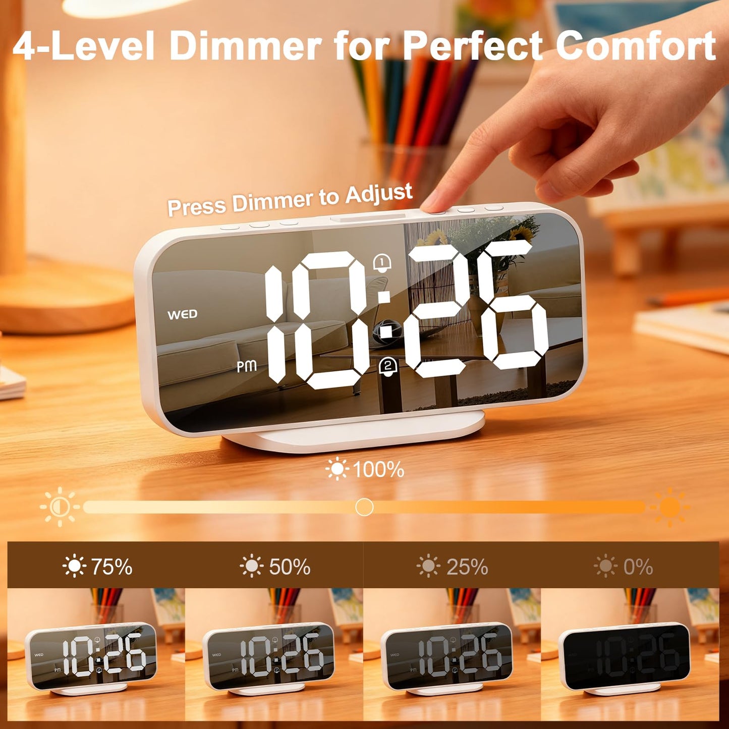 ALANAS Aesthetic Digital Alarm Clock, Big Mirror Display with Dual USB Charger Ports, Dual Alarms, Snooze, 4-Level Adjustable Dimmer, for Bedroom, Office, Desk, Plug in LED Clocks