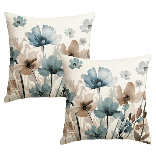 AVOIN colorlife Poppy Flowers Chinoiserie Throw Pillow Covers, 18 x 18 Inch Blue Brown Seasonal Leaves Cushion Case Decoration for Sofa Couch Set of 2