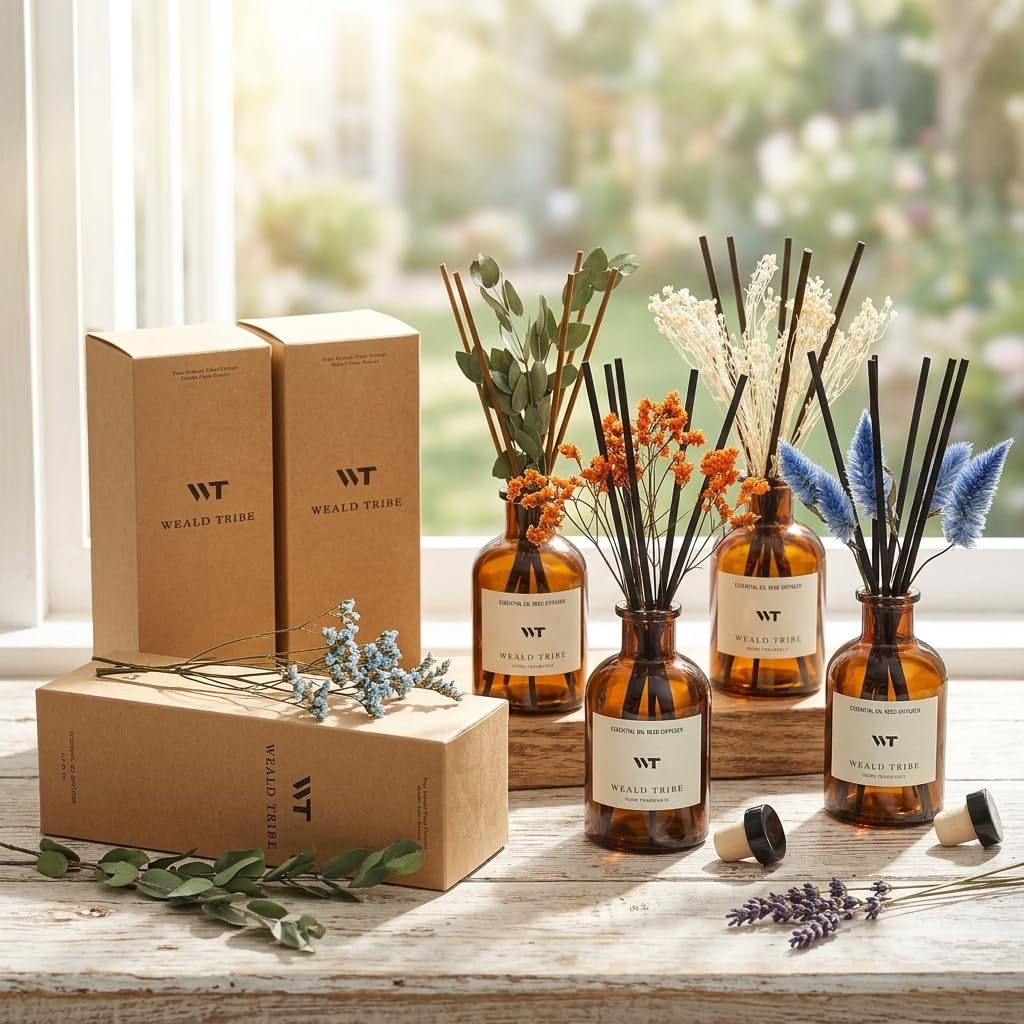 WEALD TRIBE Flower Reed Diffuser Set Eucalyptus & Lavender Scent for Room Bathroom Accessories Shelf Decor & Air Fresheners, Sticks Defusers with 4.0 fl oz Essential Oils, Home Fragrance Office Gift