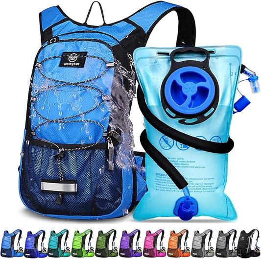 Mothybot Insulated Hydration Backpack Pack with 3L BPA Free Leak Proof Water Bladder, Large Storage Lightweight Hiking Daypack with Waist Pouches & Cooler Layer, for Running, Biking, Camping, Festival