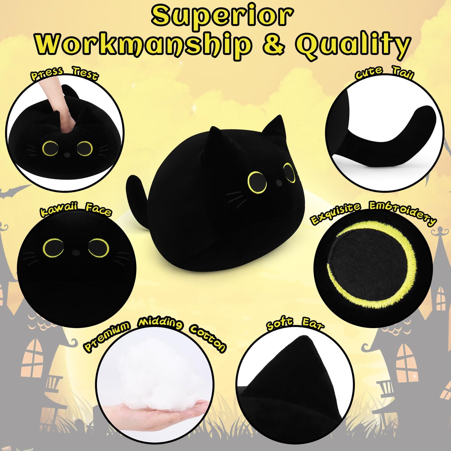 Auspicious beginning Black Cat Plush Toy-19'' Giant Black Cat Stuffed Animal, Plushie Toy Kawaii Plushies Cat Plush Pillow, Halloween Decor Plush Toys Halloween Plush Gift for Kids