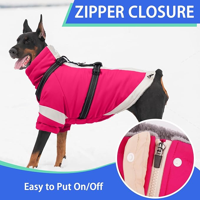 MIGOHI Snowproof Dog Jacket with Harness Reflective Small Dog Coat with Sleeves,Waterproof Fleece Winter Puffer Jacket for Dogs,Turtleneck Puppy Coats for Dogs Chilly Day,S,Rosered