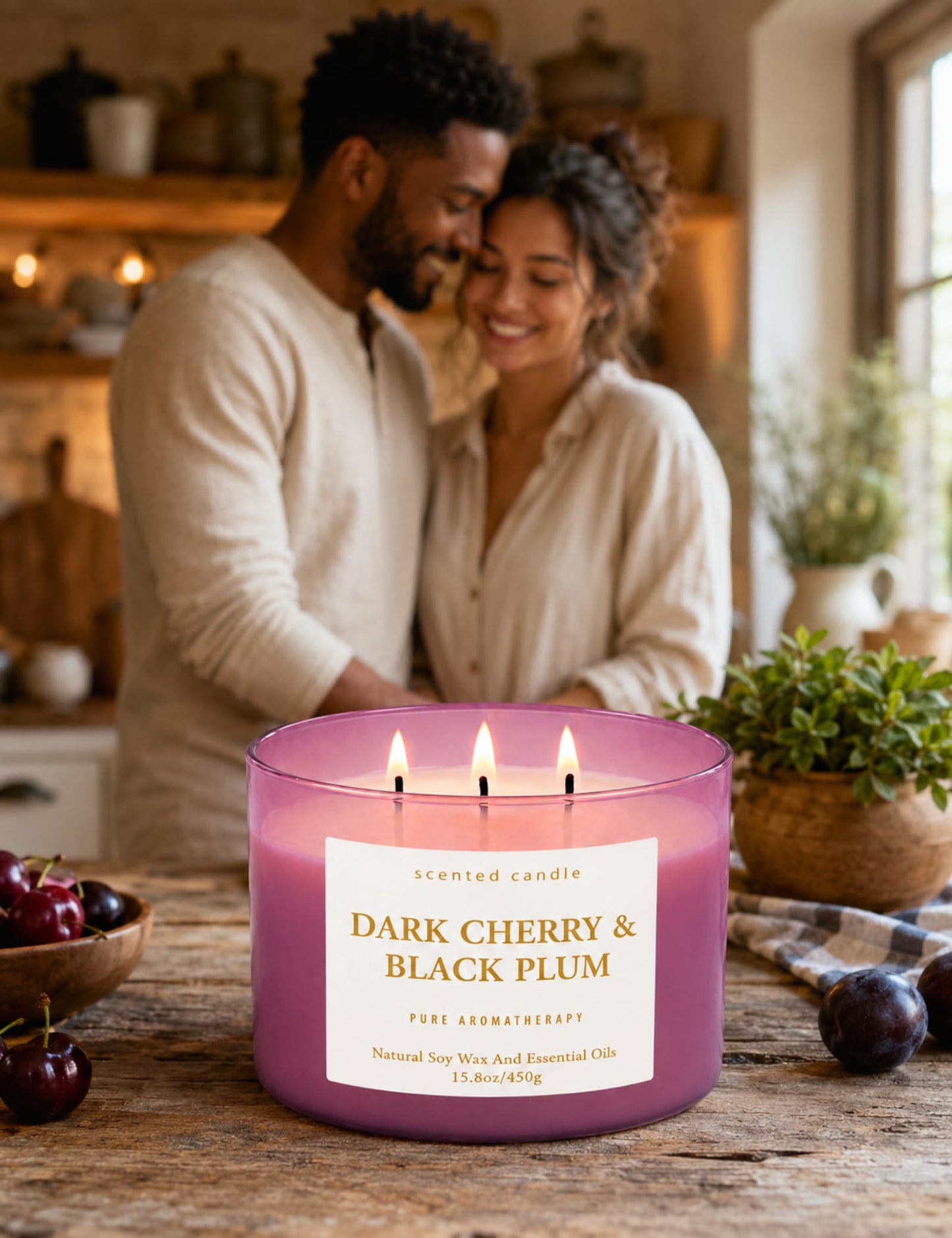 Dark Cherry Black Plum 3-Wick Soy Candle, 15.8 oz Scented Candle for Home