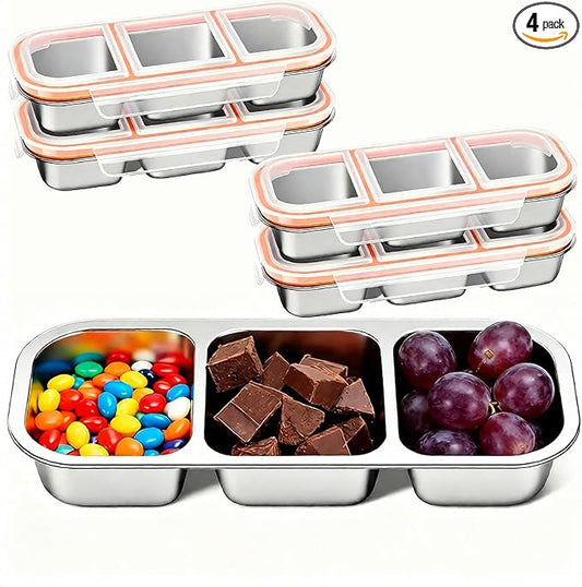 Dobyusf 4 Pack Stainless Steel Snack Containers - 3 Compartment Leak Proof Bento Box with 7oz Capacity, BPA-Free Reusable Food/Sauce Containers Containers for Office, Travel, On-the-Go Meals