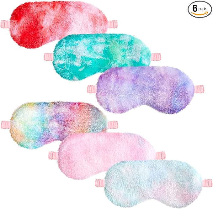 Cuffbow 6 Pcs Plush Sleep Eye Mask Silk Furry Eye Covers for Sleeping Cute Sleep Mask Fluffy Comfortable Sleeping Blindfold for Travel Sleepover Nap Party Supply Women(Tie Dye,Colorful)